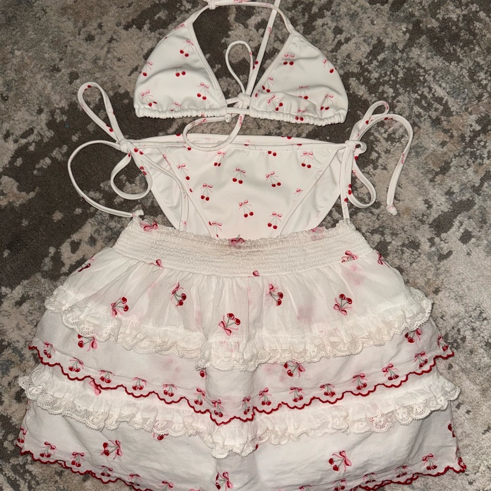 Love shack fancy cherry bathing suits and matching skirts sister sets 10/12 3/4